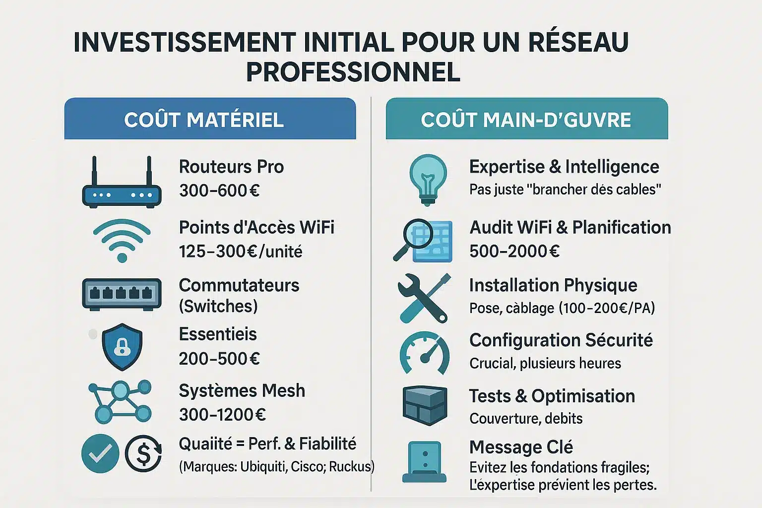Infographie illustrant les coûts matériels versus main d'œuvre dans l'installation d'un réseau professionnel