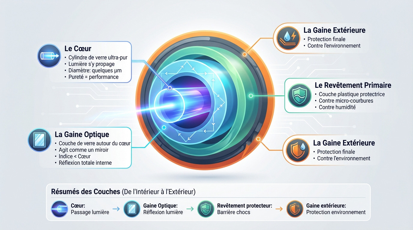 Schéma détaillé montrant la coupe transversale et les différentes couches d'un câble à fibre optique