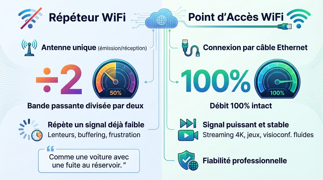 Schéma comparatif illustrant la perte de débit d'un répéteur Wi-Fi face à la performance stable d'un point d'accès câblé