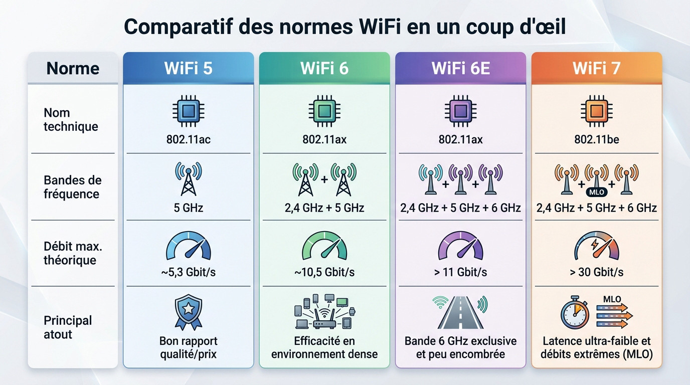 Tableau comparatif des normes WiFi 5, 6, 6E et 7 détaillant les débits et fréquences