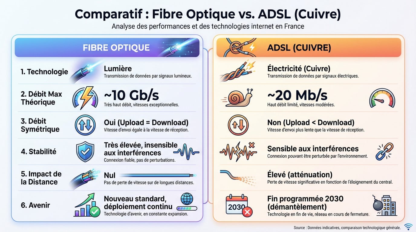 Comparatif technique illustrant la supériorité de la fibre optique sur le réseau cuivre ADSL