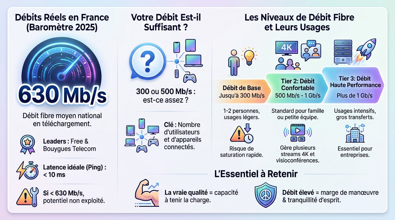 Graphique illustrant les débits moyens fibre en France par opérateur en 2025