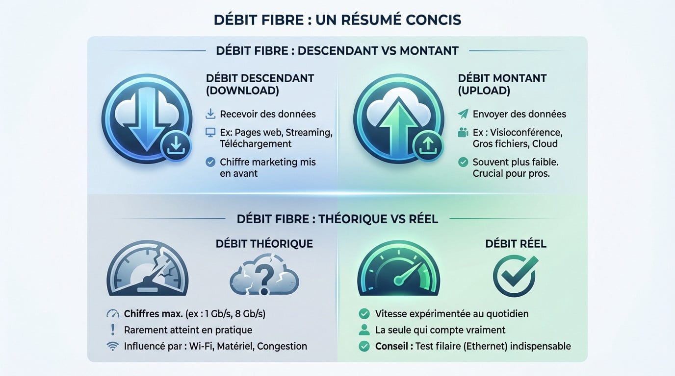 Comparaison visuelle entre le débit descendant et le débit montant d'une connexion fibre optique