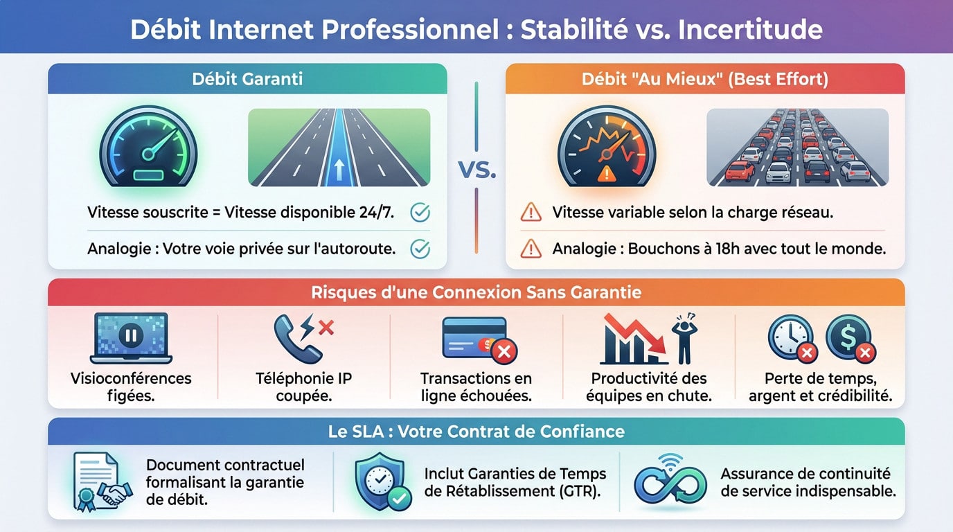 Comparaison graphique entre la stabilité d'un débit fibre garanti et les fluctuations d'une connexion standard