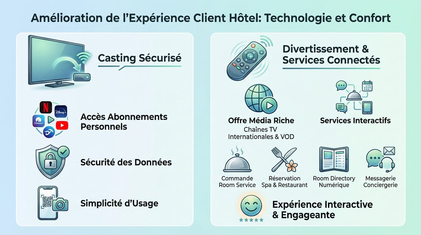 Client d'hôtel utilisant une tablette pour contrôler l'expérience IPTV et le confort de sa chambre
