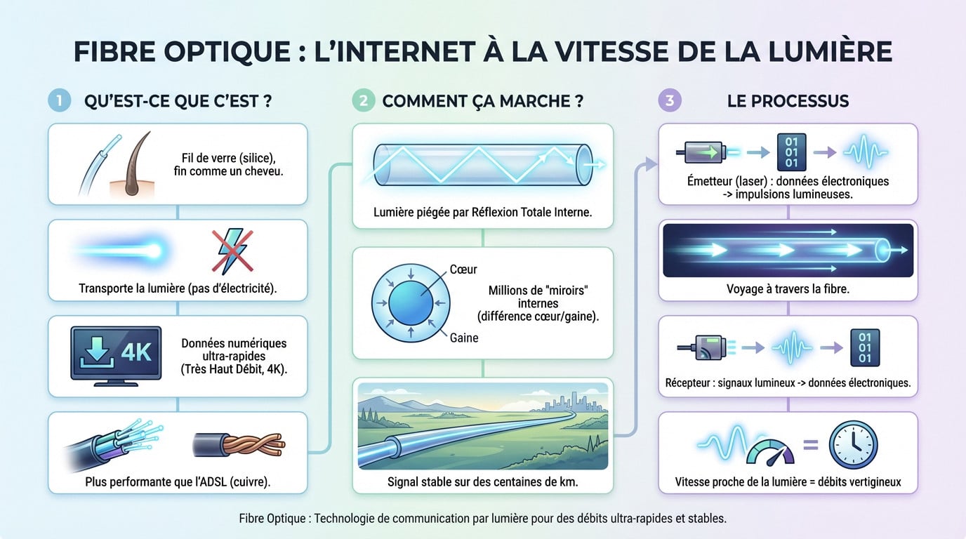 Illustration de filaments de fibre optique transmettant des données lumineuses à haute vitesse