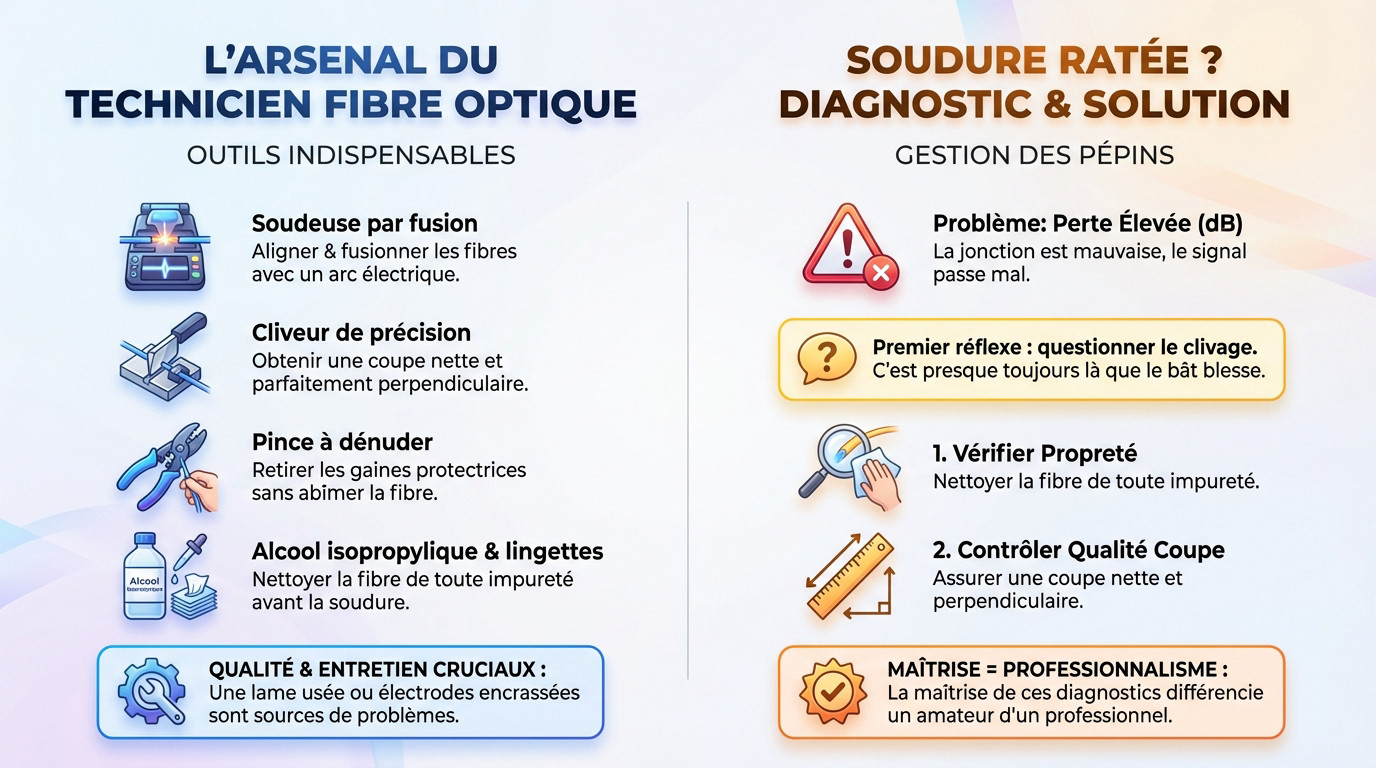 Technicien utilisant une soudeuse fibre optique et analysant les données sur écran