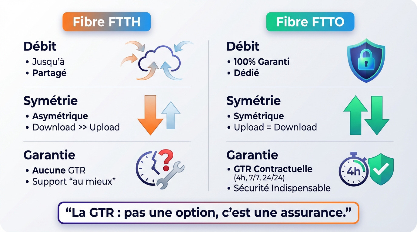 Schéma comparatif illustrant les différences de débit et de garantie entre fibre FTTO dédiée et FTTH mutualisée