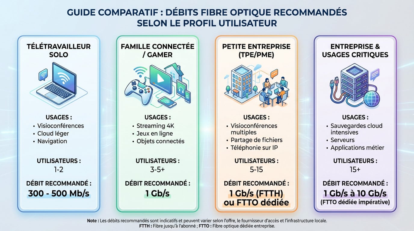 Tableau comparatif des débits fibre optique recommandés selon les usages professionnels et particuliers