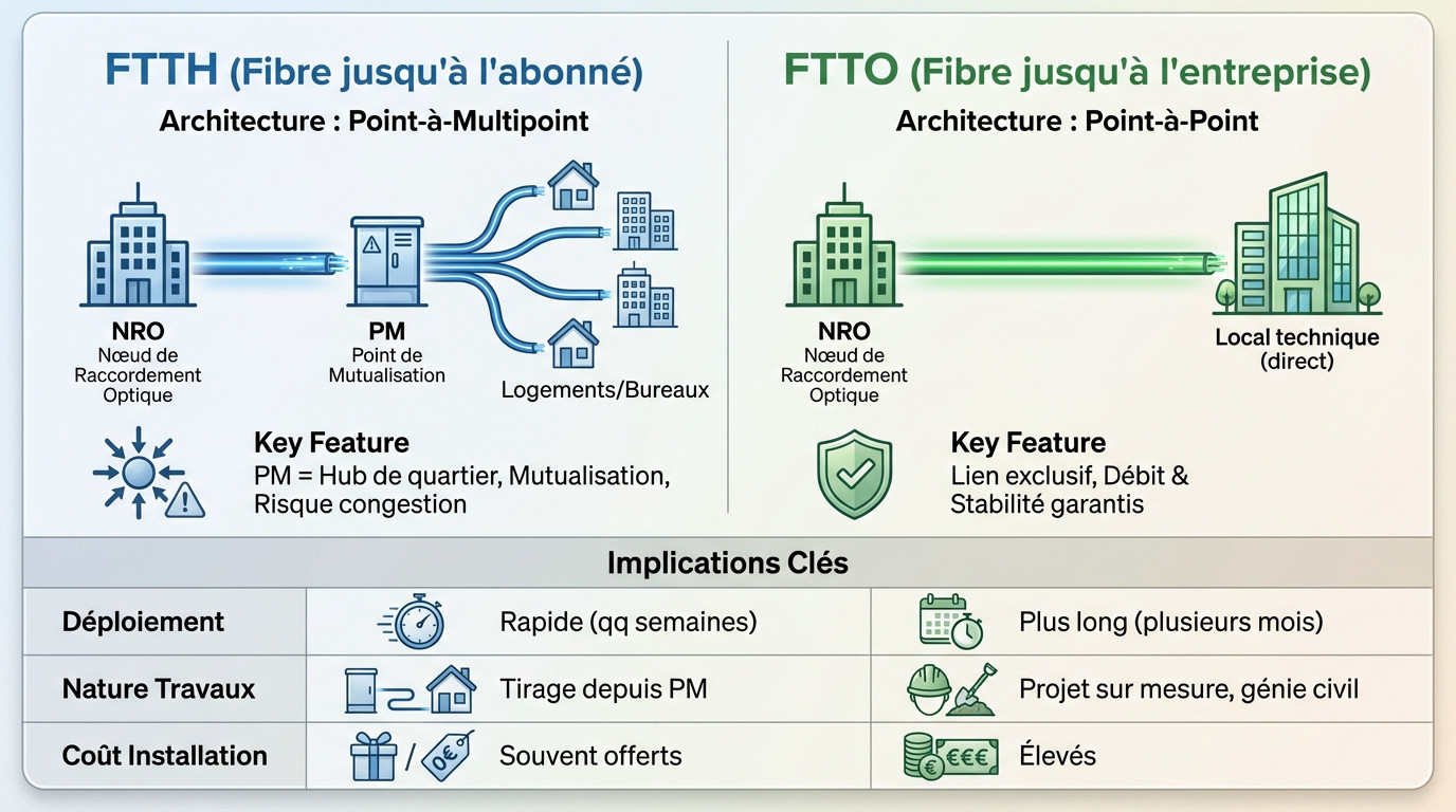 Schéma comparatif architecture fibre optique FTTH mutualisée versus FTTO dédiée entreprise
