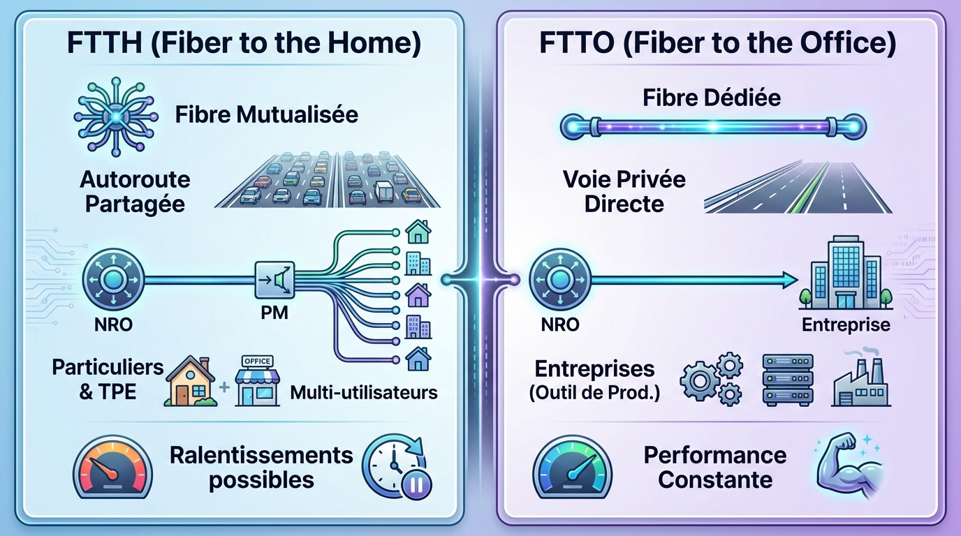 Schéma comparatif illustrant la différence d'architecture réseau entre la fibre mutualisée FTTH et la fibre dédiée FTTO