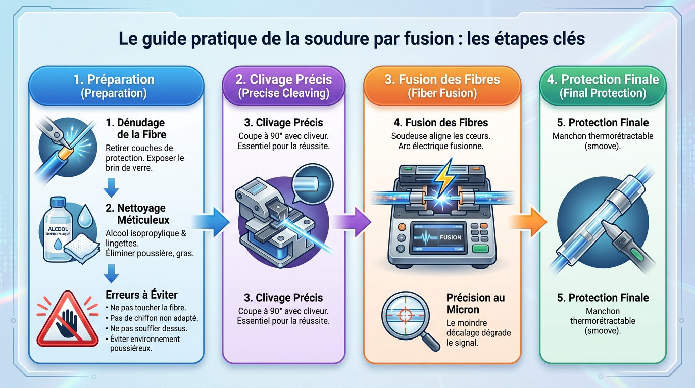 Technicien effectuant une soudure de fibre optique avec précision sur un chantier