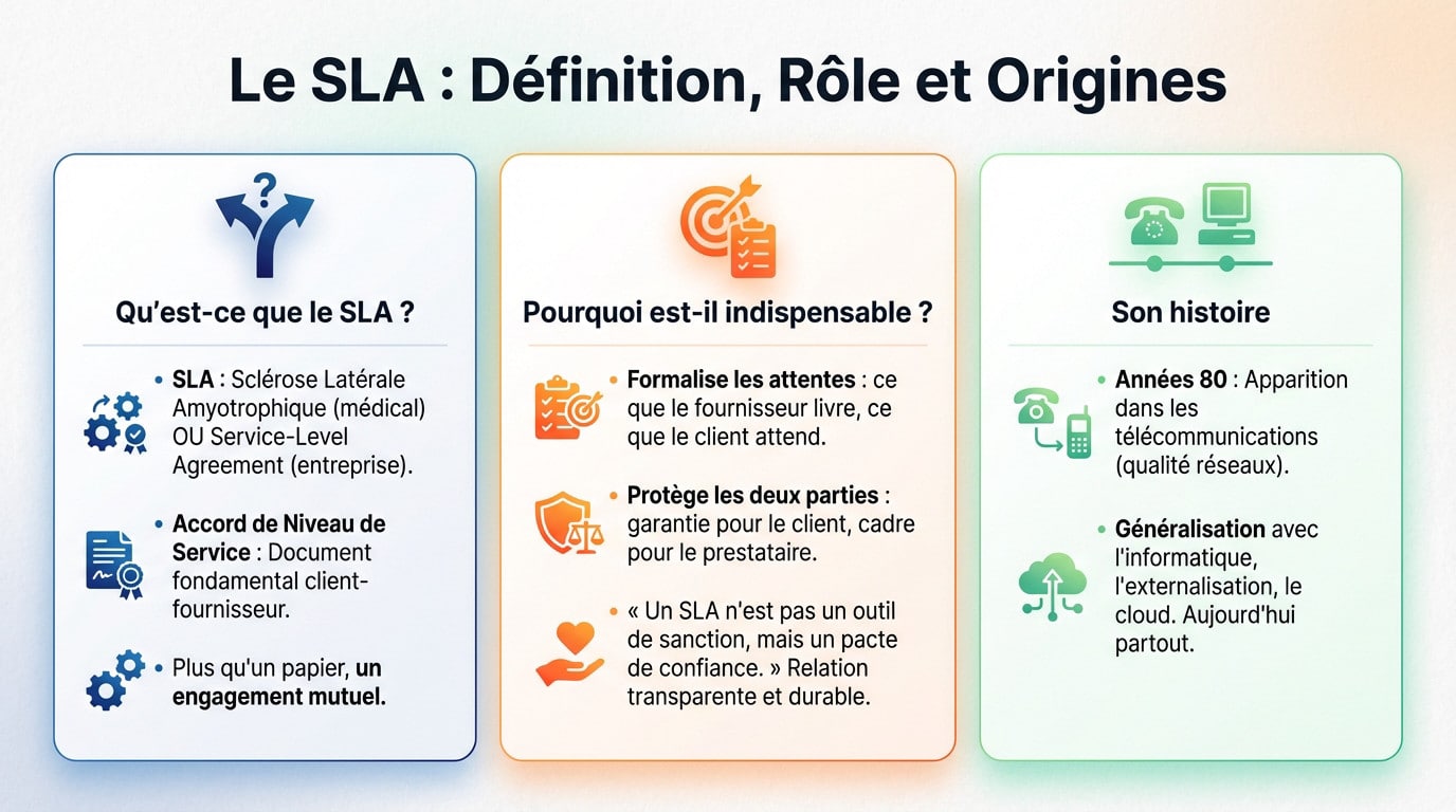 Schéma explicatif du SLA montrant la relation contractuelle et les indicateurs de performance