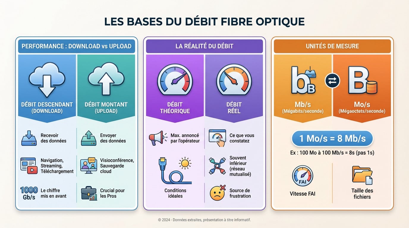 Illustration des différences entre débit descendant et montant pour la fibre optique