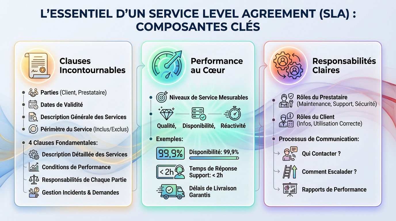 Schéma explicatif des composantes clés d'un Service Level Agreement (SLA)
