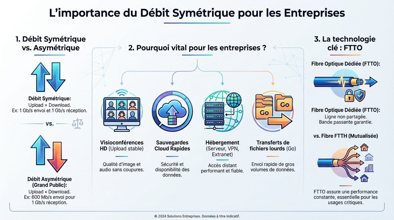 Comparaison visuelle entre un débit fibre optique symétrique et asymétrique pour les entreprises