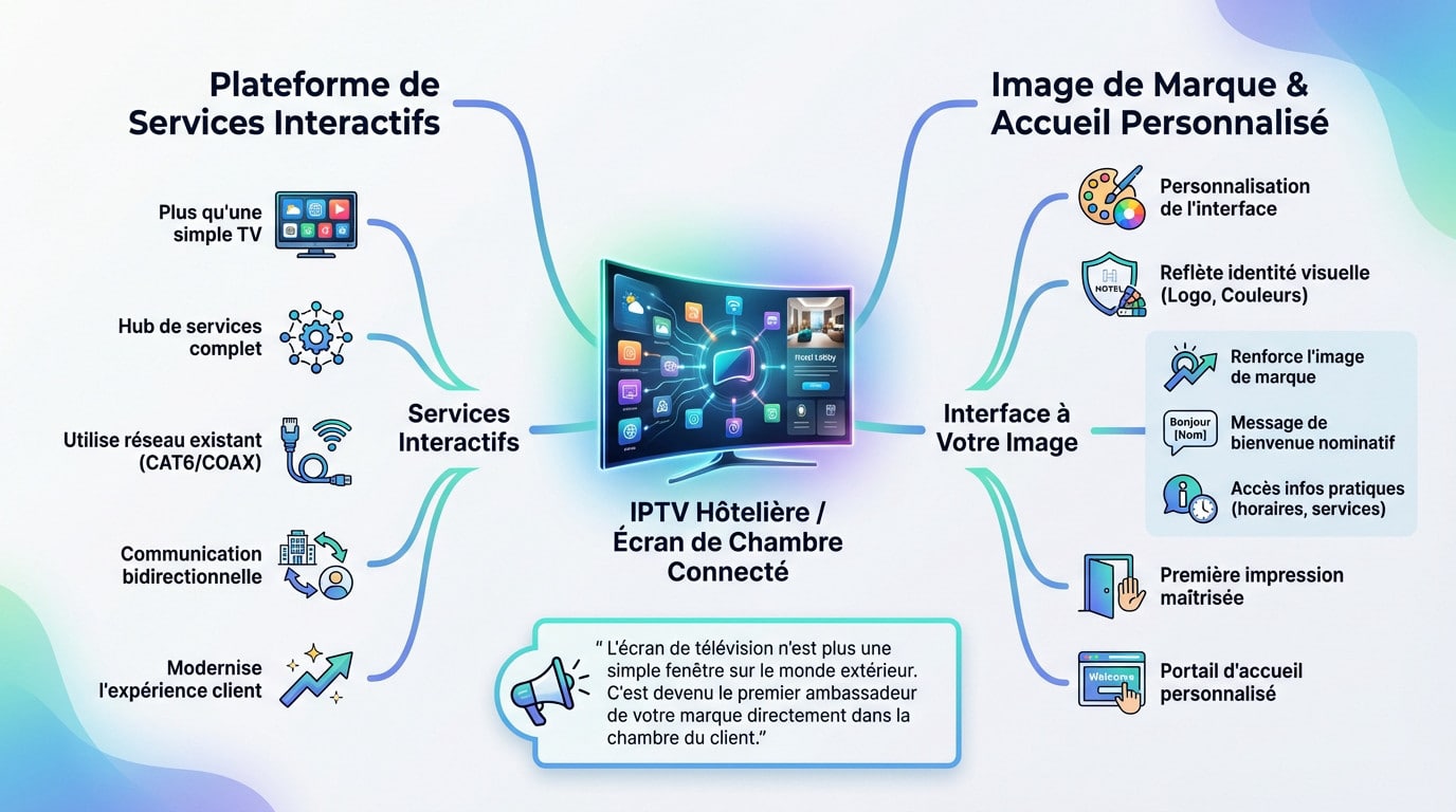 Interface IPTV personnalisée dans une chambre d'hôtel moderne affichant des services interactifs