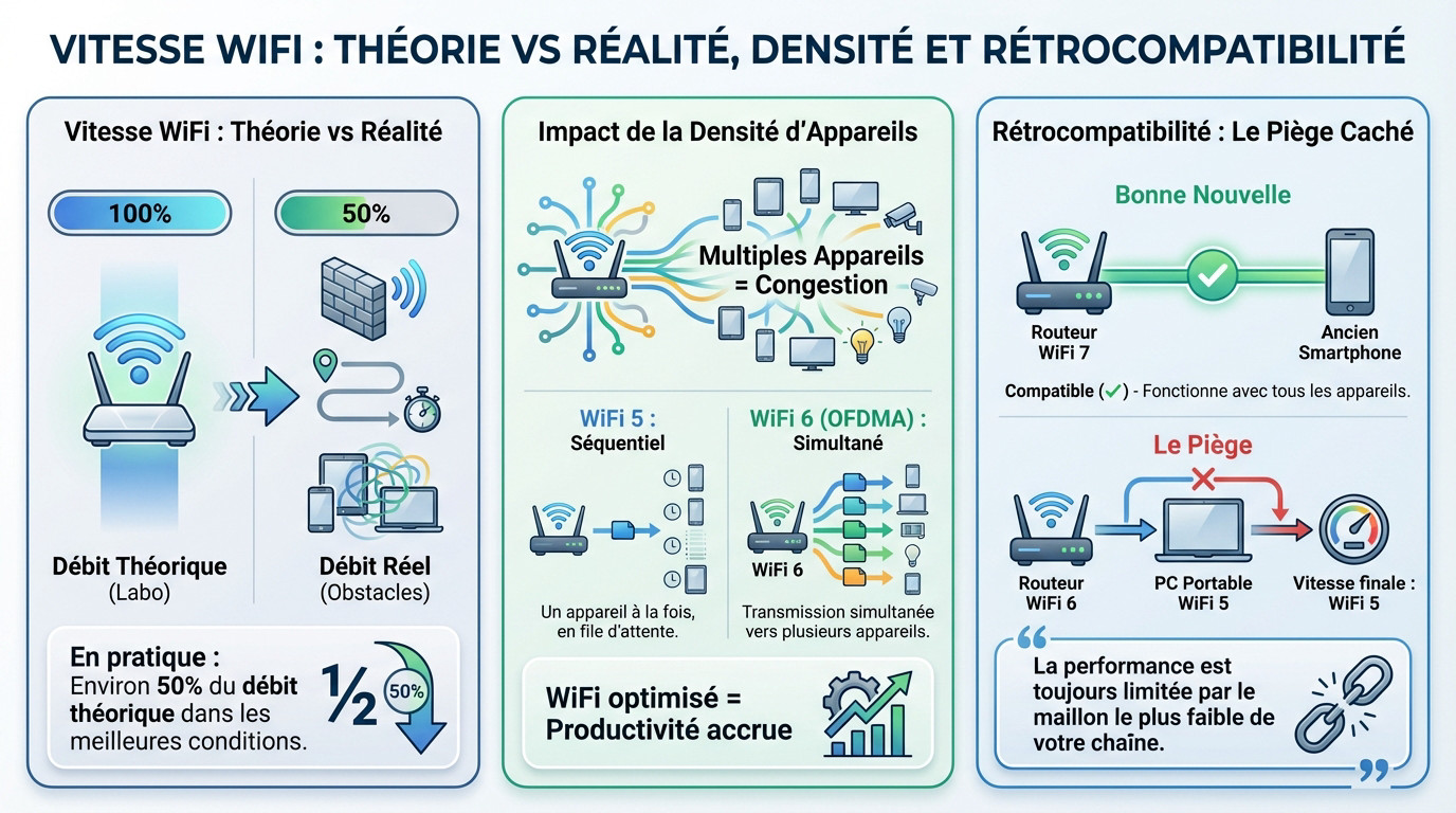 Graphique comparatif montrant la différence entre débit théorique et réel ainsi que l'impact de la densité d'appareils