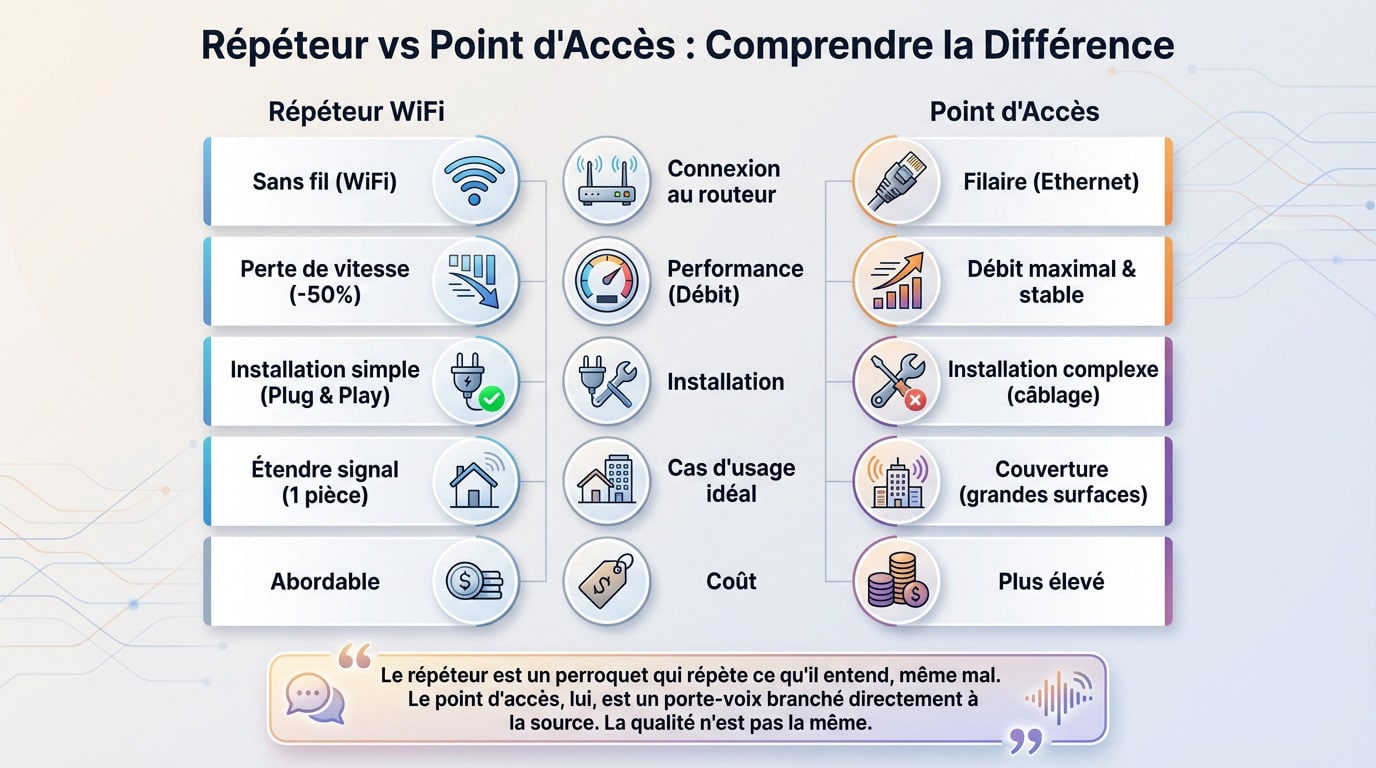 Schéma comparatif illustrant la différence de connexion entre un répéteur WiFi sans fil et un point d'accès filaire