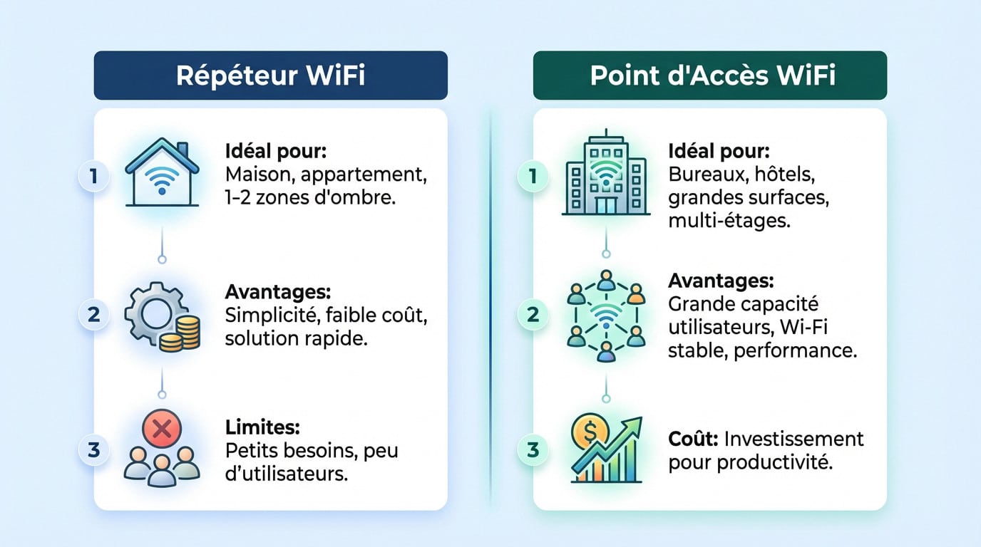 Comparatif entre répéteur wifi et point d'accès pour choisir le meilleur équipement réseau