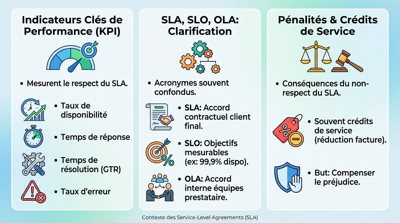 Schéma explicatif des différences entre SLA, KPI, SLO et OLA avec les notions de pénalités