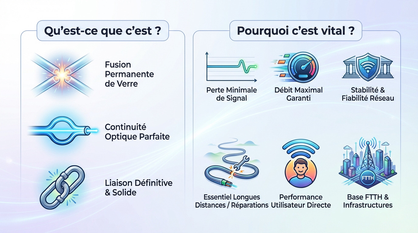 Technicien effectuant une soudure de fibre optique avec précision