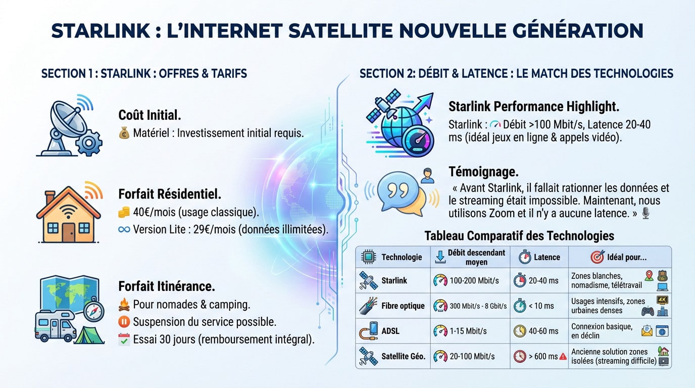 Comparatif des offres Starlink, tarifs et débits face à la fibre et l'ADSL