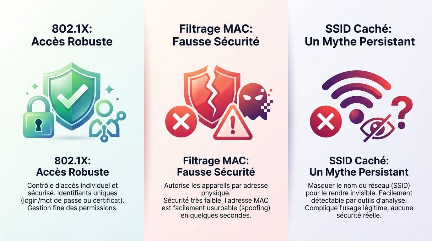 Schéma illustrant les différences entre sécurité par obfuscation et authentification forte 802.1X
