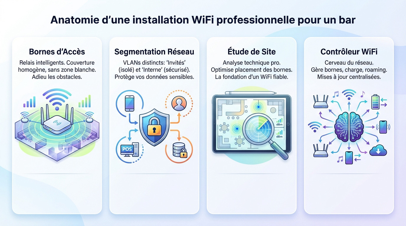 Schéma d'une installation WiFi professionnelle pour bar avec bornes et contrôleur