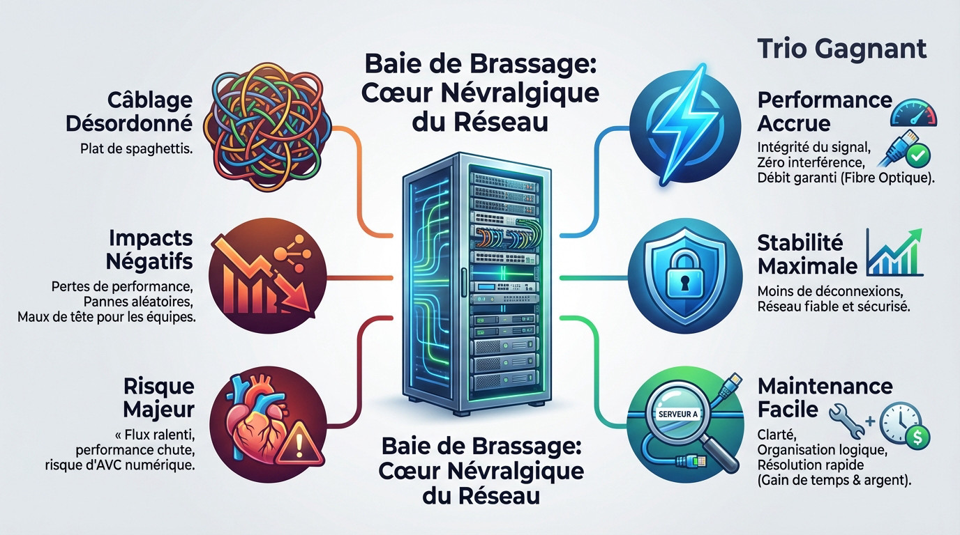 Baie de brassage informatique avec un câblage structuré et organisé