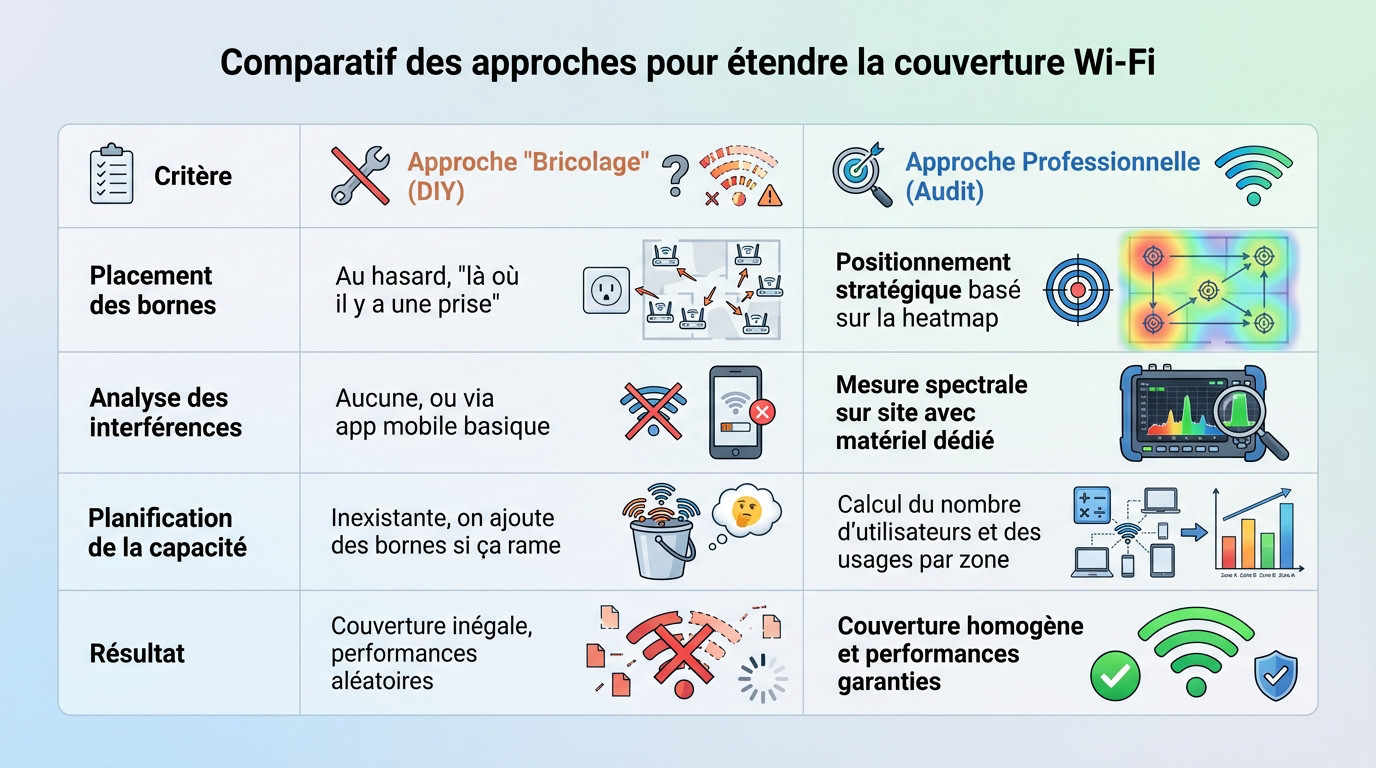 Tableau comparatif entre une installation Wi-Fi bricolée et un audit professionnel avec heatmap