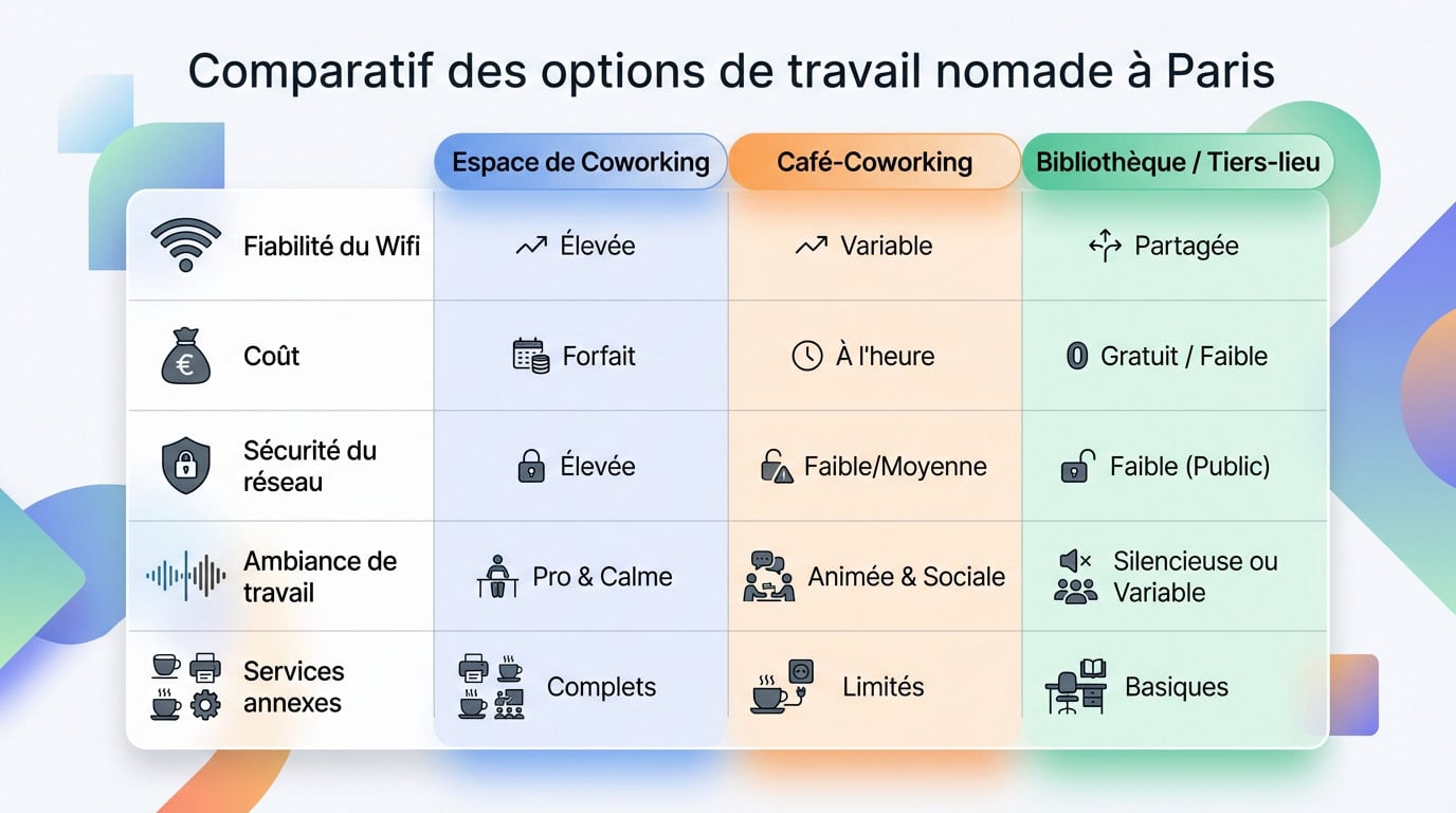 Tableau comparatif des options de travail nomade à Paris : coworking, cafés et bibliothèques