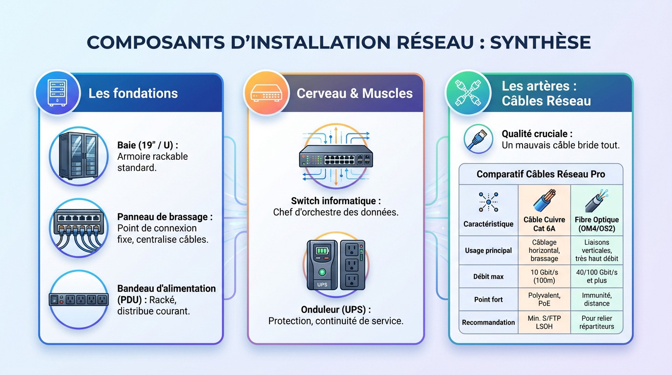 Schéma des composants essentiels d'une baie de brassage : switch, panneau de brassage et onduleur