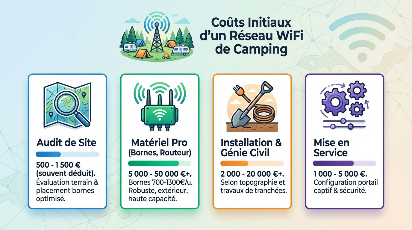 Technicien installant une borne wifi extérieure sur un camping