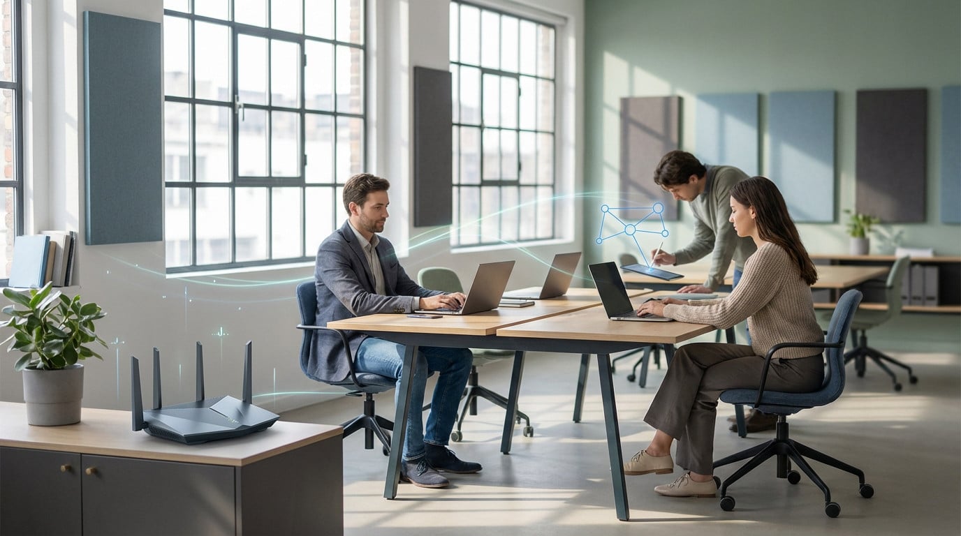 Three professionals work in a modern, bright coworking space with laptops and a tablet. A Wi-Fi router and glowing network lines signify advanced connectivity.