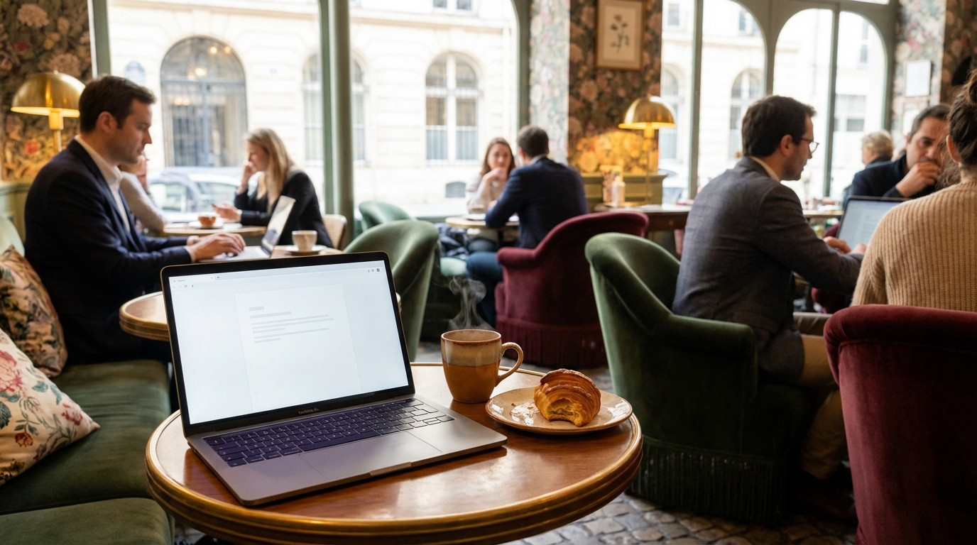 Elegant Workspace: Parisian Cafe & Laptop Laptop, steaming coffee, and croissant on a wooden table in a Parisian cafe. Blurred patrons work and converse in elegant velvet chairs.