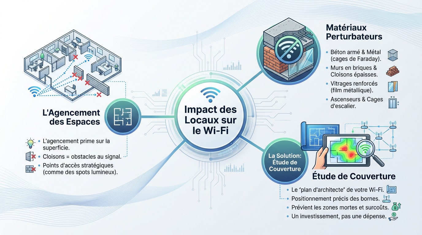 Schéma illustrant l'impact des matériaux de construction sur la propagation du signal Wi-Fi dans un bureau