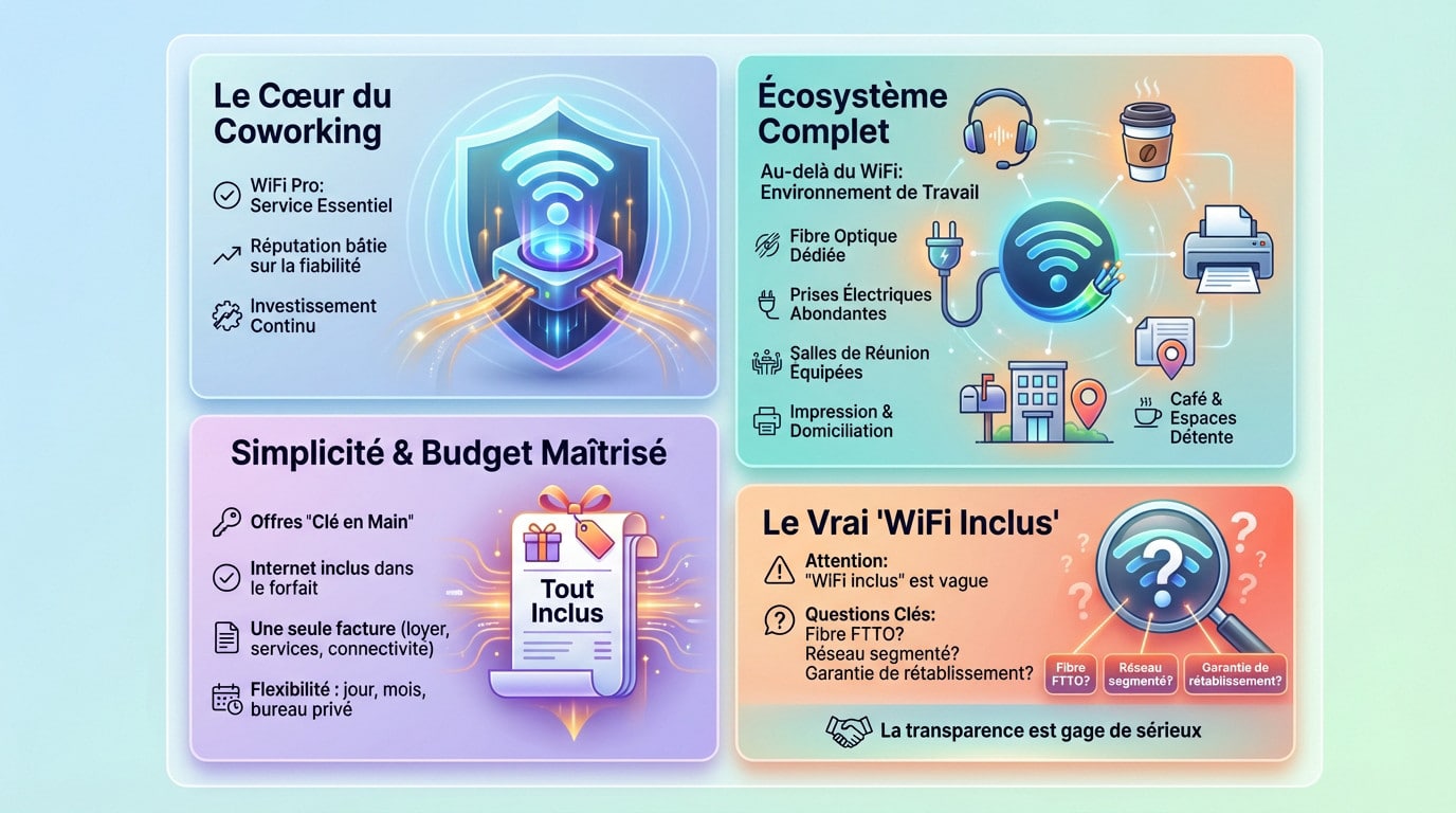 Infographie détaillant les services essentiels en coworking dont le wifi très haut débit