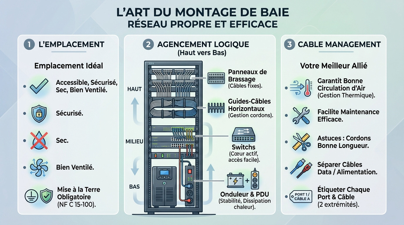 Technicien réalisant un câblage structuré et organisé dans une baie de brassage informatique professionnelle