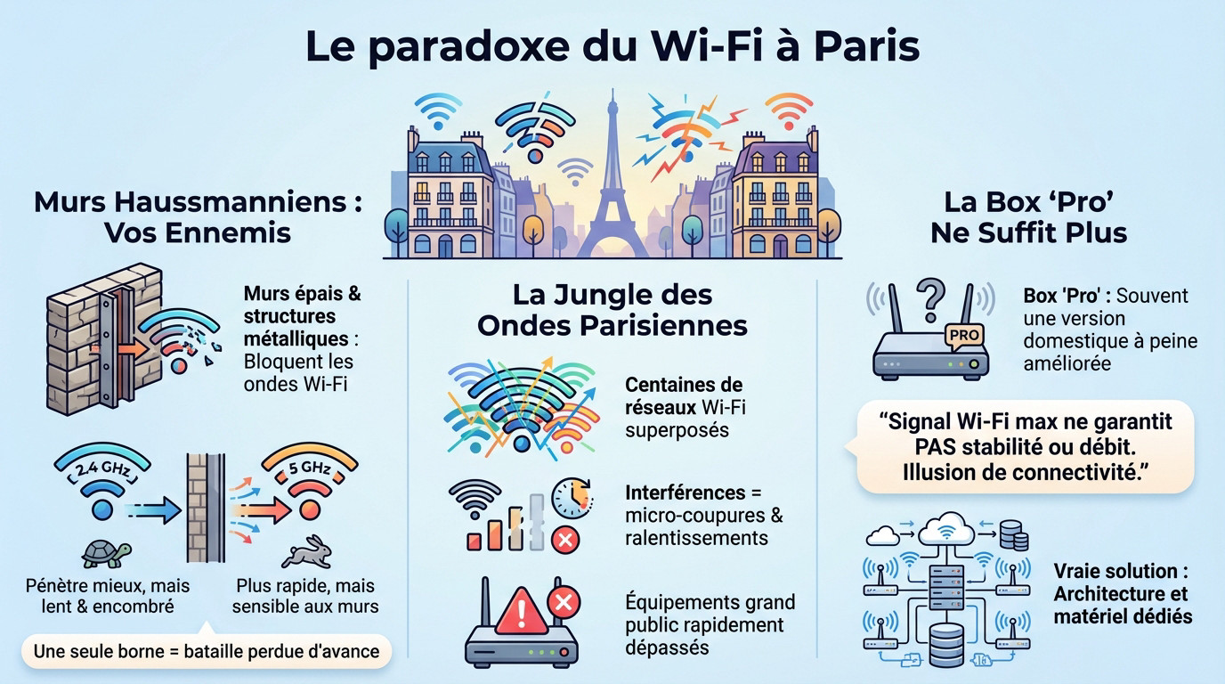 Bureau parisien avec murs en pierre illustrant les difficultés de portée wifi en entreprise à Paris