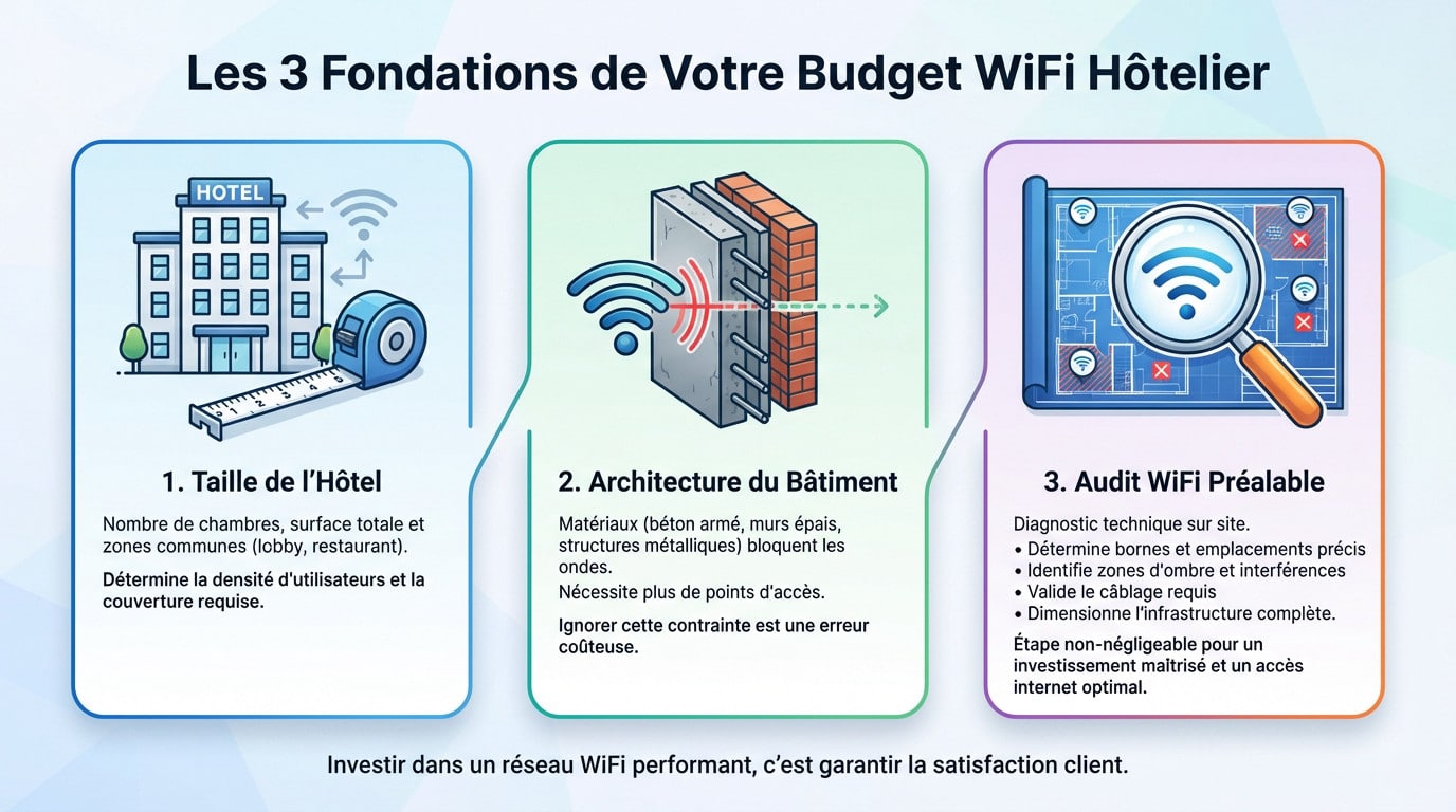 Schéma illustrant les trois piliers du budget wifi hôtelier : taille, architecture et audit