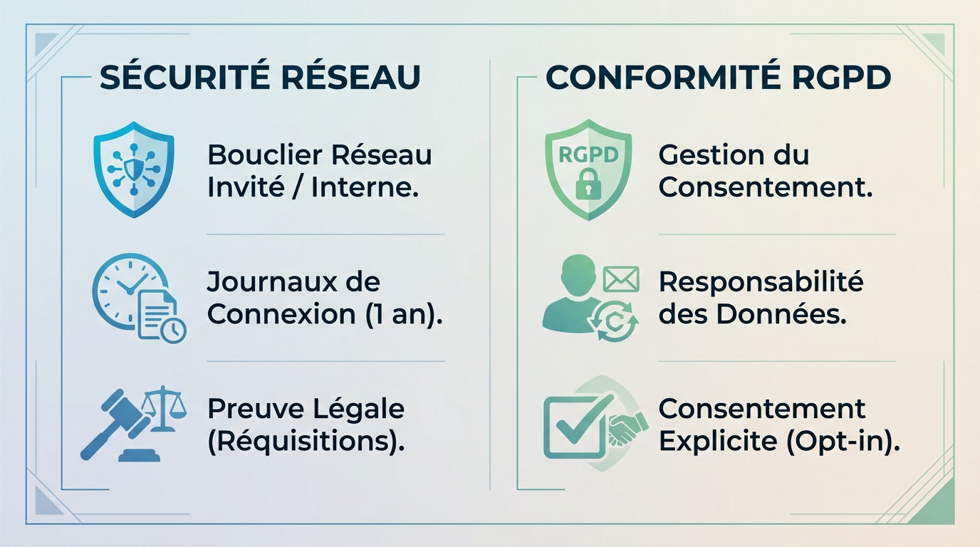Schéma illustrant la sécurité réseau et la conformité RGPD via un portail captif