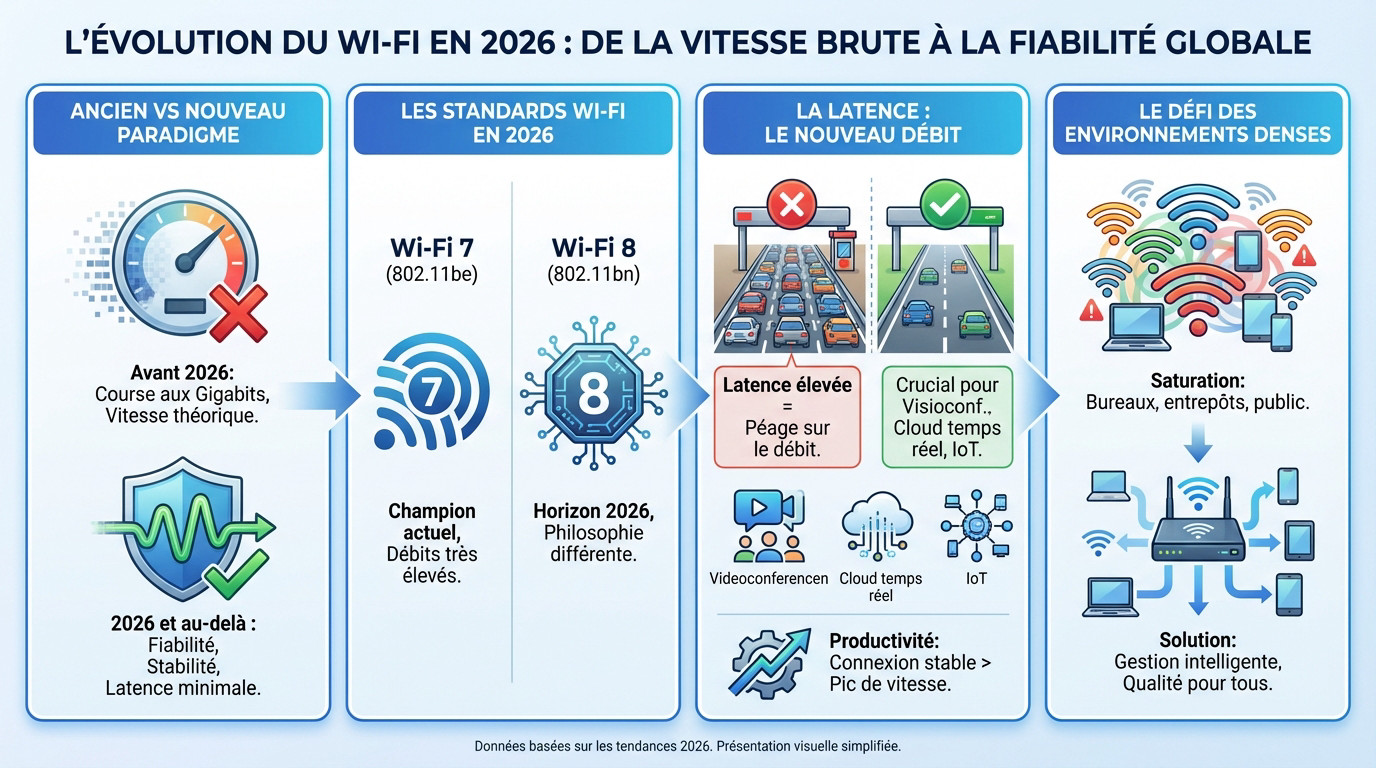 Comparaison de l'évolution du Wi-Fi vers 2026 montrant le passage de la vitesse brute à la fiabilité globale