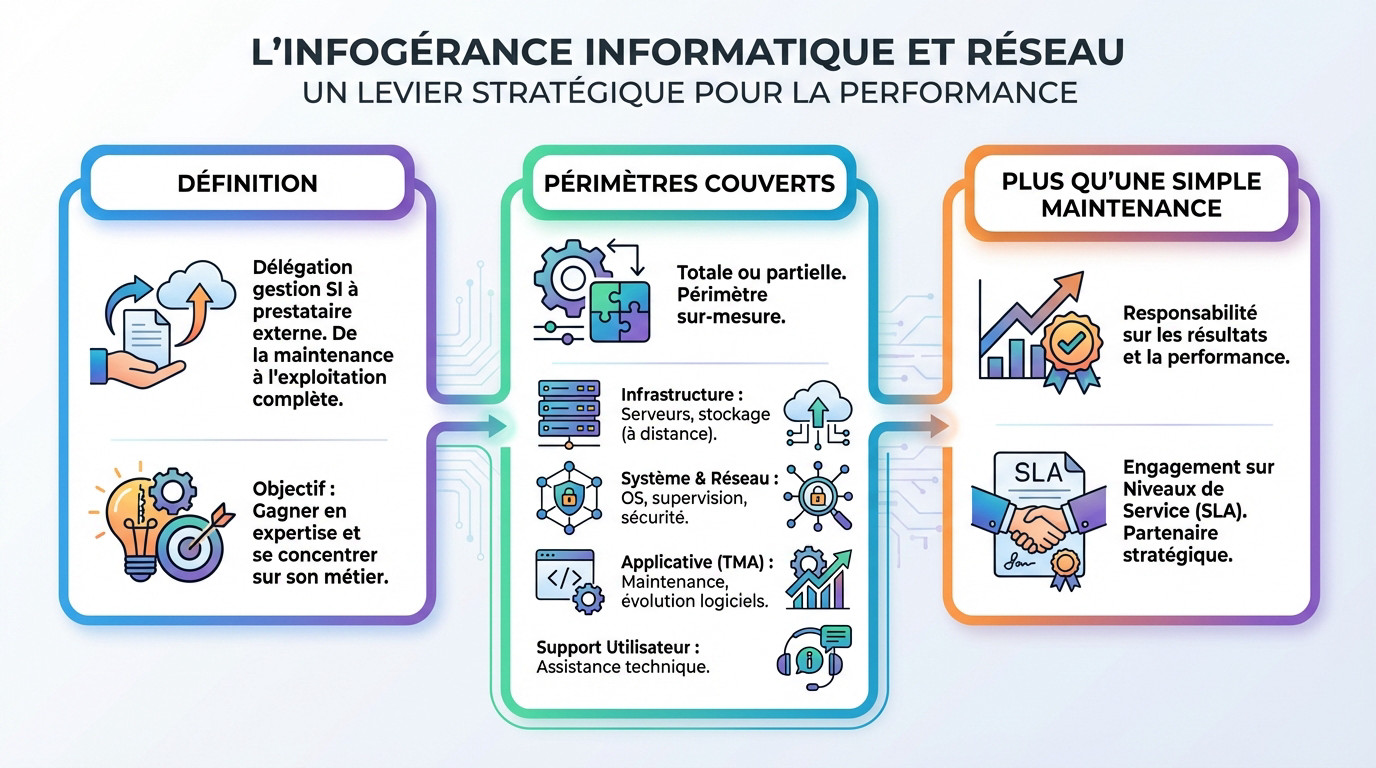 Schéma illustrant l'infogérance informatique et réseau comme levier stratégique pour l'entreprise