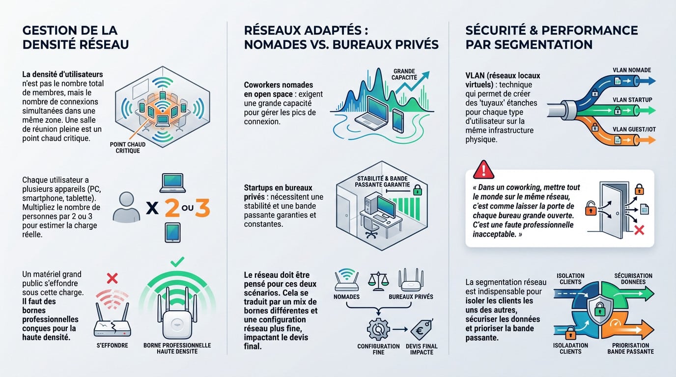 Schéma d'optimisation réseau montrant la segmentation entre zones nomades et bureaux privés pour garantir la sécurité et la densité