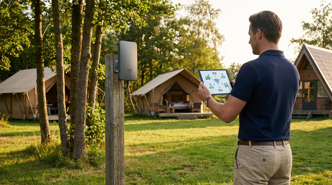 Optimizing Campsite Wi-Fi & Costs with Tablet Control A man views a Wi-Fi network and financial diagram on a tablet, standing by an outdoor access point at a modern glamping campsite.