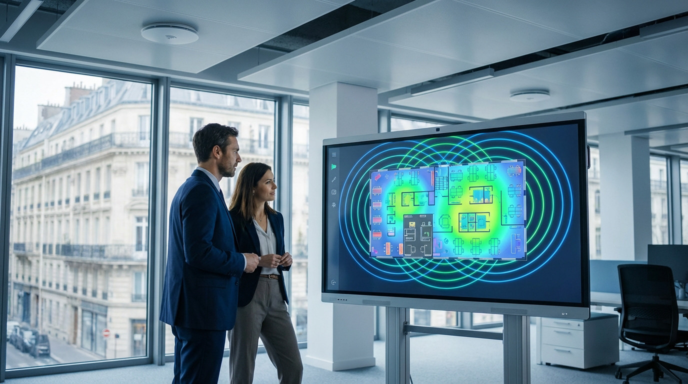 Paris Office: Optimized Wi-Fi Coverage Display Professionals view a digital display showing a Parisian office floor plan with vibrant blue/green Wi-Fi coverage heatmap and access points.