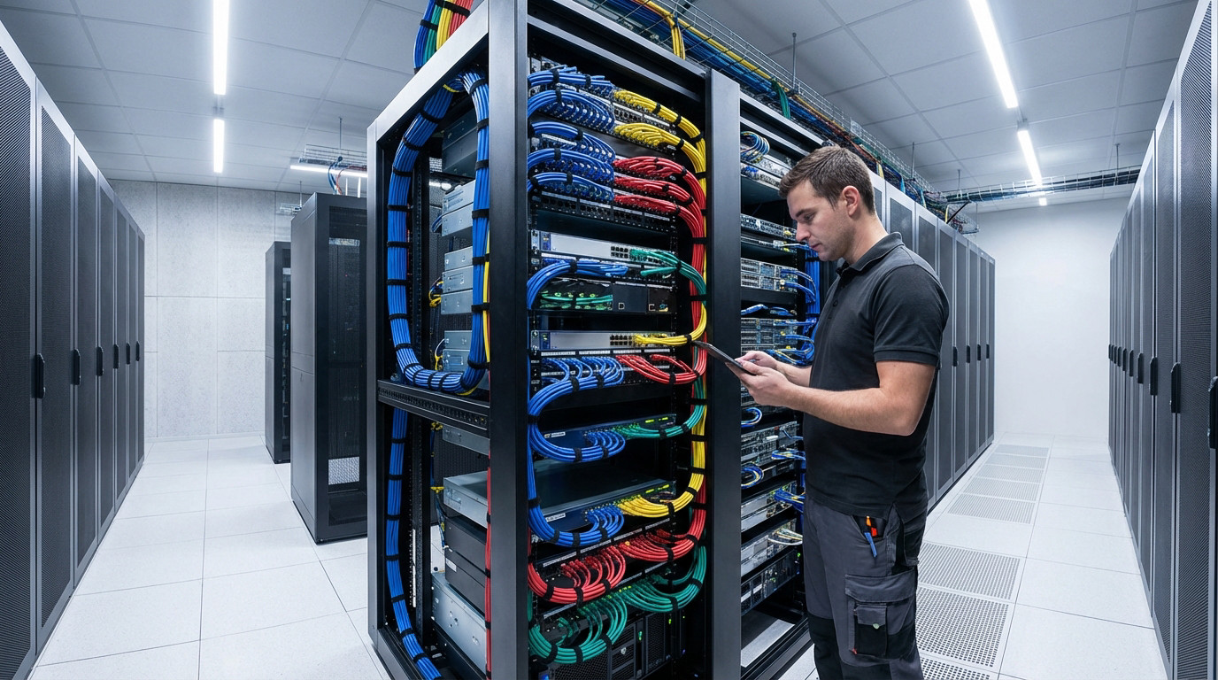 Precision in the Data Center: IT Engineer at Work IT pro inspecting a meticulously organized server rack with vibrant, color-coded cables in a modern data center, using a tablet.