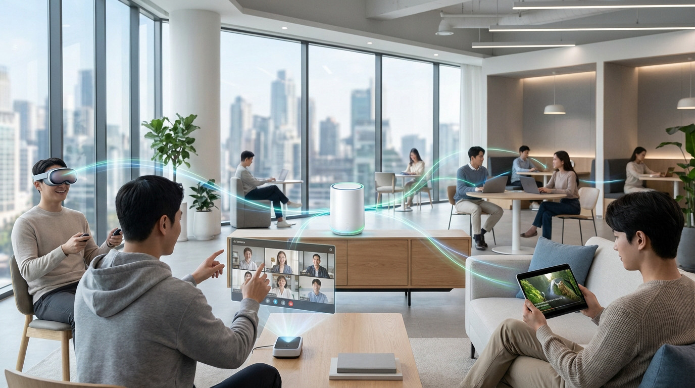 Seamless Future Connectivity: WiFi 8 in 2026 People in a modern office using future WiFi for VR, holographic calls, and streaming, with glowing lines connecting devices.
