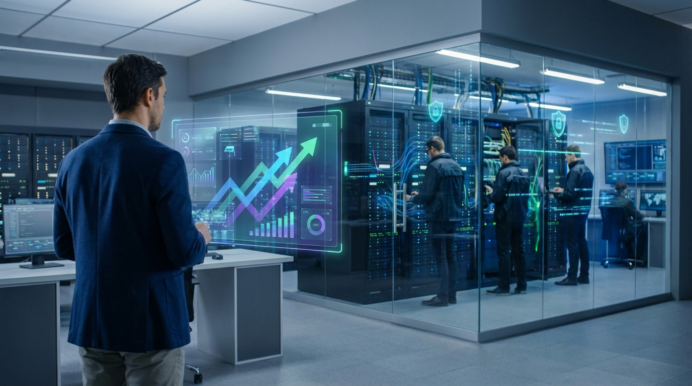 Strategic Vision in a Secure Data Environment Businessman views holographic growth charts; IT pros manage secure, glowing server racks in a modern data center.